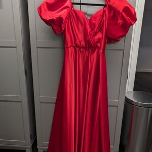 Red Satin Puff Sleeve Maxi Dress